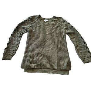 Lucky Brand Sweater Size XS Green Crew Neck Sleeve Cut Out Detail Pullover Knit